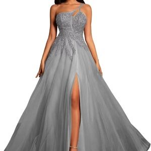 Elegant One Shoulder Silver Evening Gown
